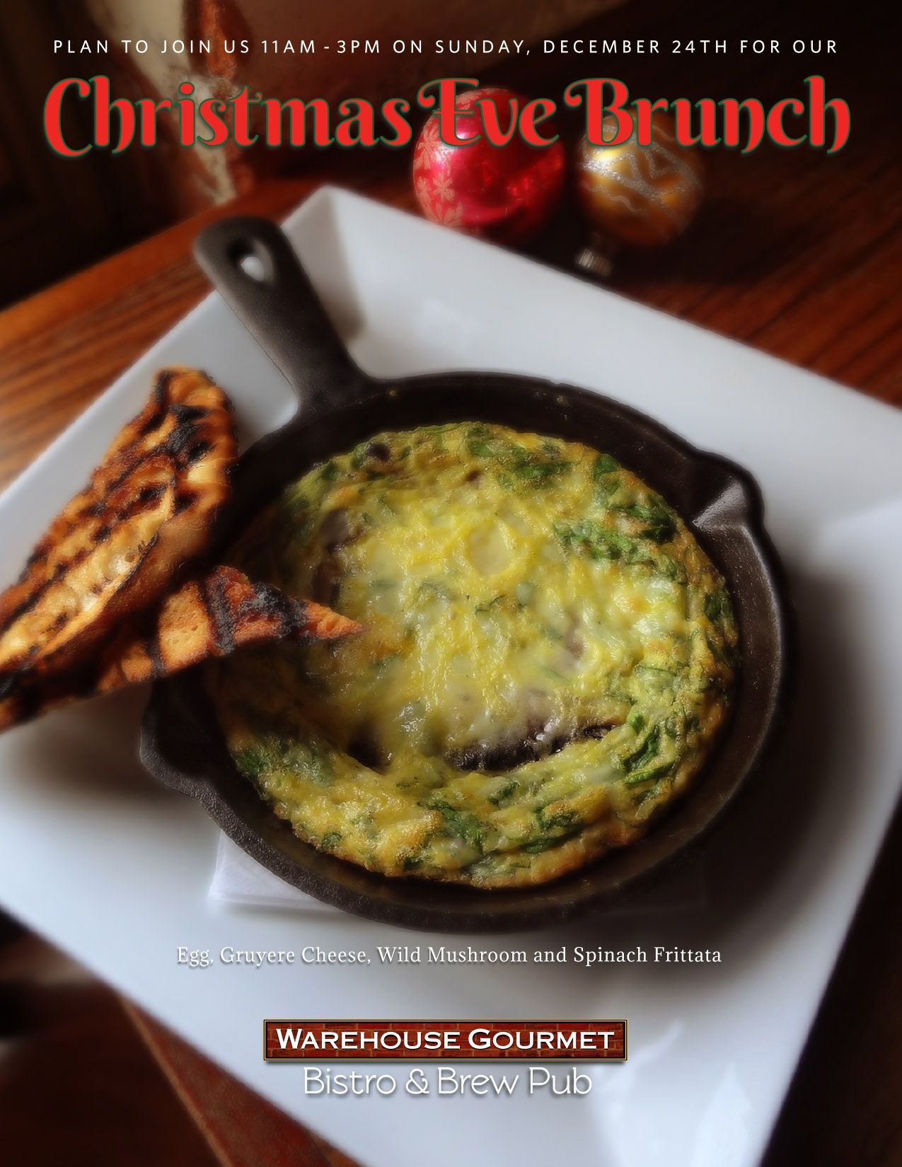 A flyer for a Christmas Eve brunch at Warehouse Gourmet Bistro & Brew Pub, featuring a cast-iron skillet with frittata.