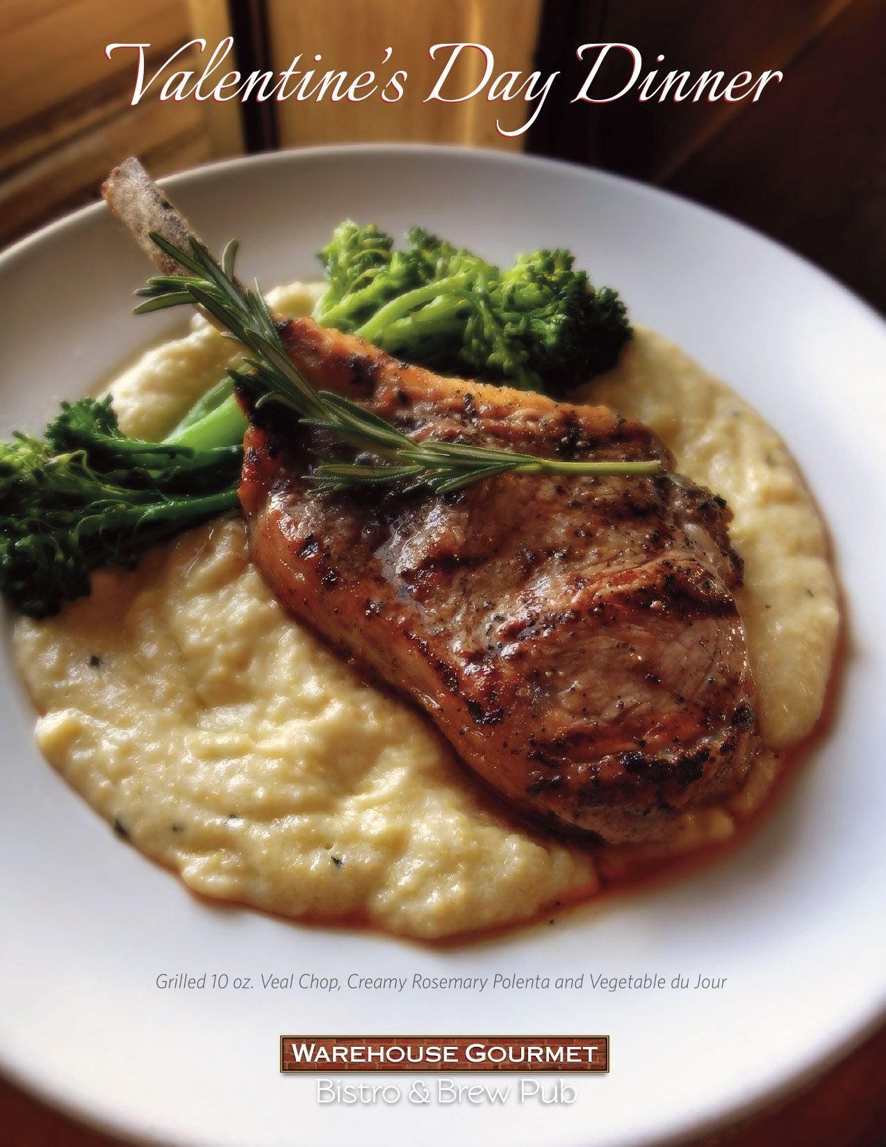 A grilled pork chop with rosemary served over creamy polenta and broccoli on a white plate, promoting a Valentine's dinner.