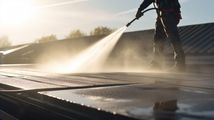 Person pressure washing a dark rooftop in sunlight.