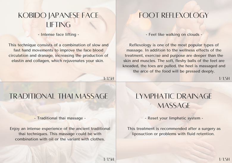 Four cards promoting wellness services: Kobido face lifting, foot reflexology, Thai massage, and lymphatic drainage massage.