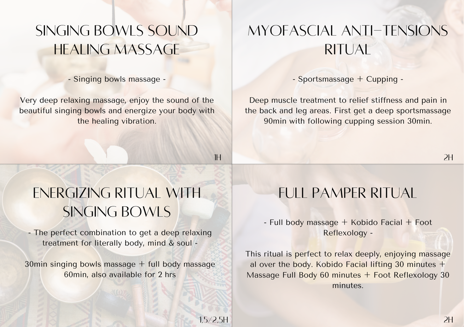 Four spa treatment slides: Singing Bowls Sound Healing Massage, Myofascial Anti-Tensions Ritual, Energizing Ritual with Singing Bowls, Full Pamper Ritual.