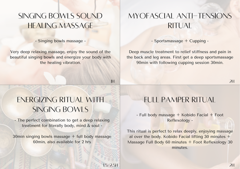 Four spa treatment slides: Singing Bowls Sound Healing Massage, Myofascial Anti-Tensions Ritual, Energizing Ritual with Singing Bowls, Full Pamper Ritual.