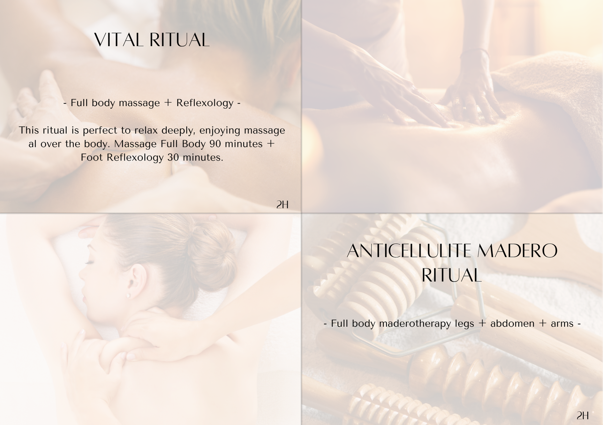 Collage of images showing massage therapy: one with back massage, one with neck massage, and tools for anti-cellulite treatment.