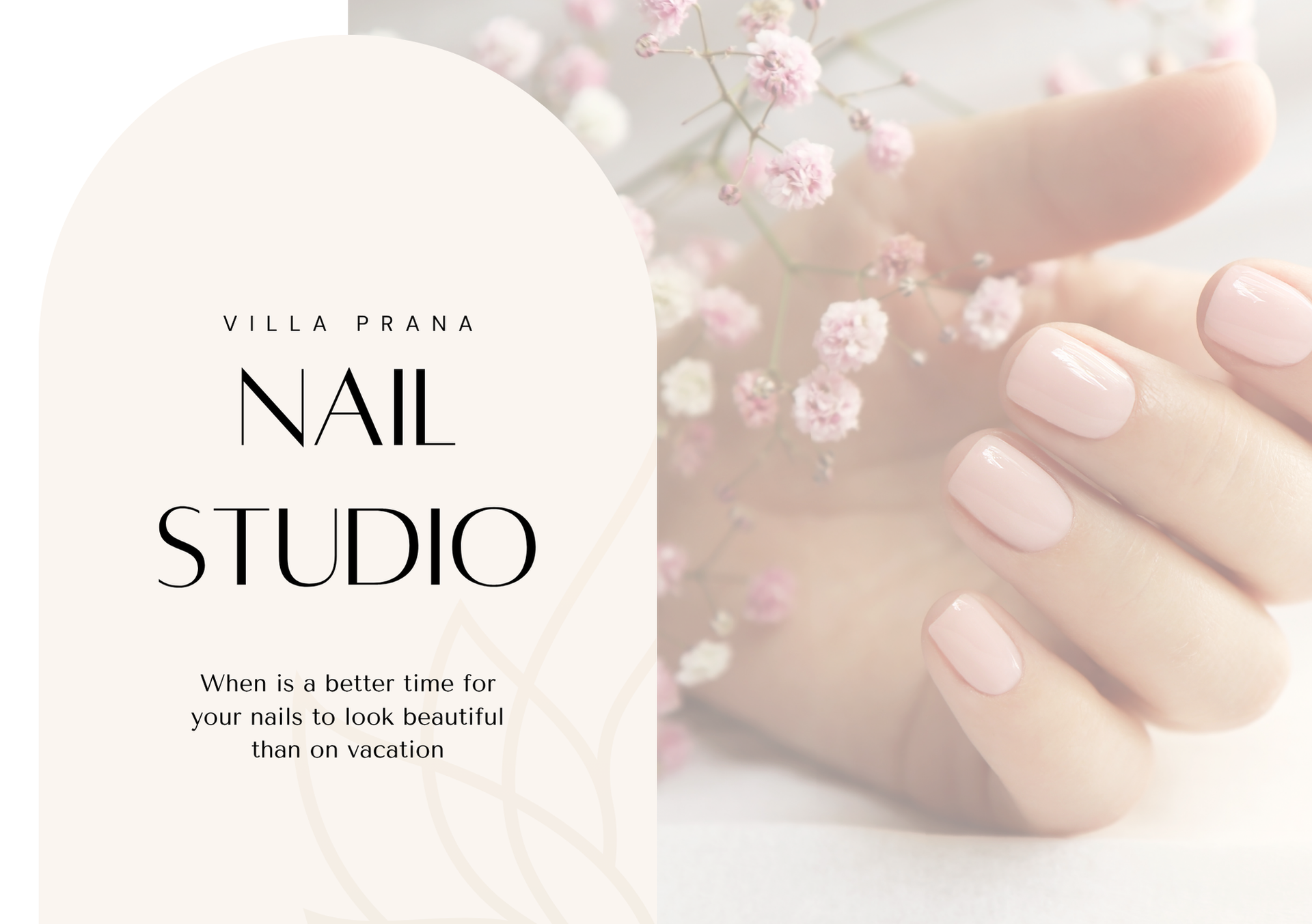 Nail studio advertisement with a hand showing off a light pink manicure. Text reads 