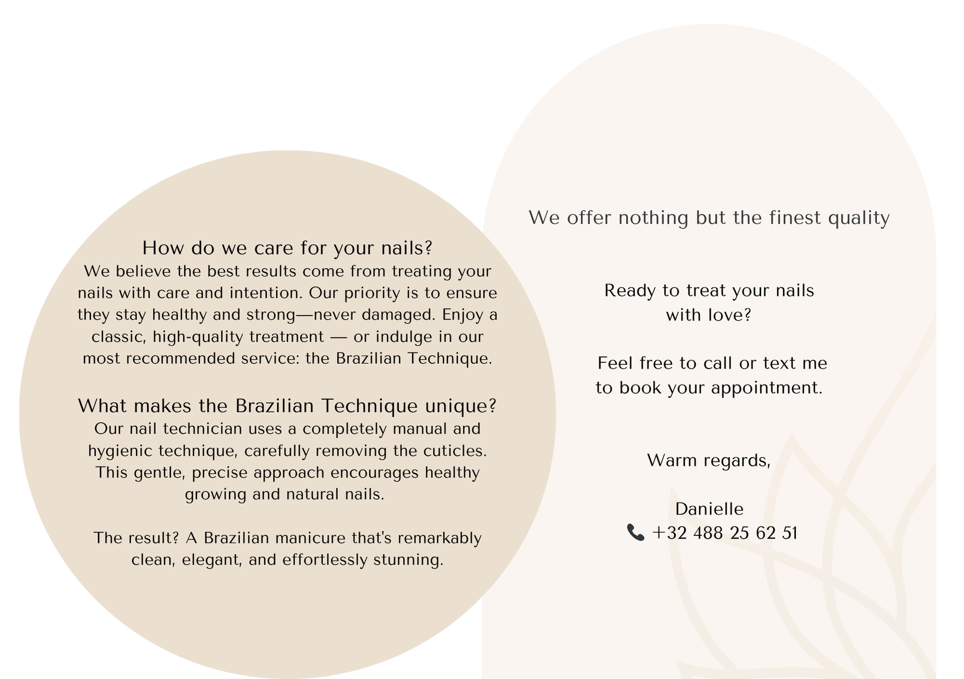 Advertisement for nail services, featuring text on a beige background. It mentions the Brazilian technique, emphasizing quality and booking an appointment.