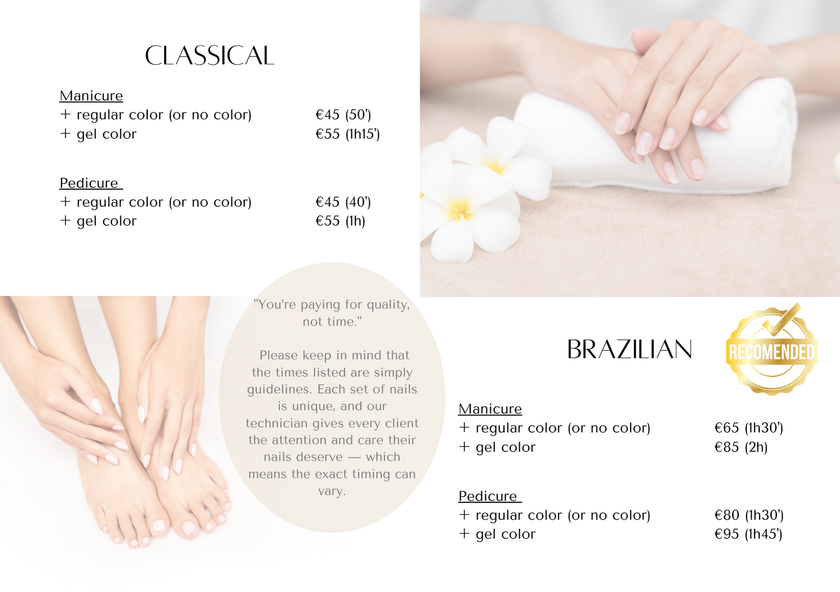 A beauty service menu with nail and foot treatments. Includes prices, descriptions, and images of hands and feet.