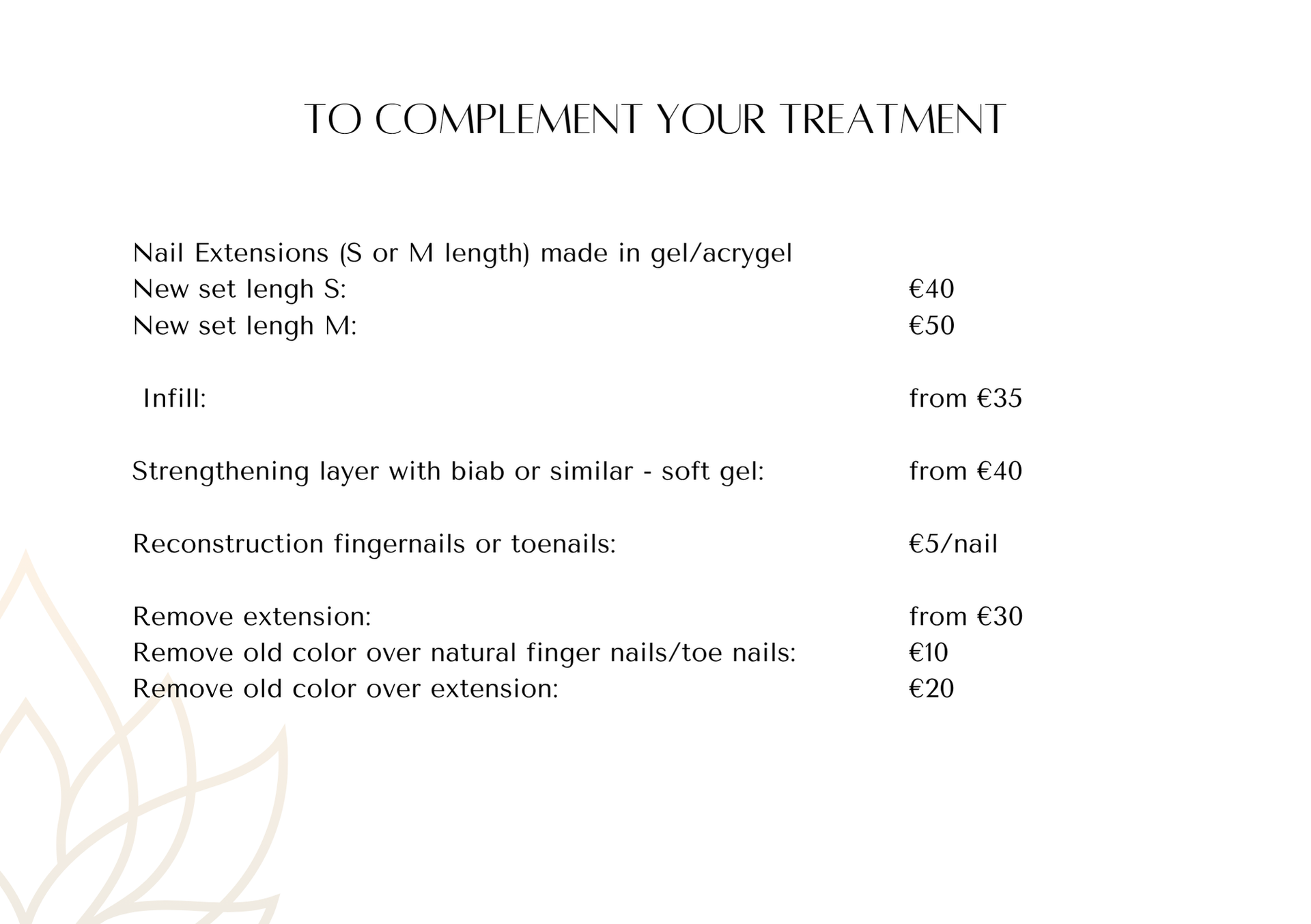 A price list for nail treatments: extensions, manicures, strengthening, reconstruction, and color removal.