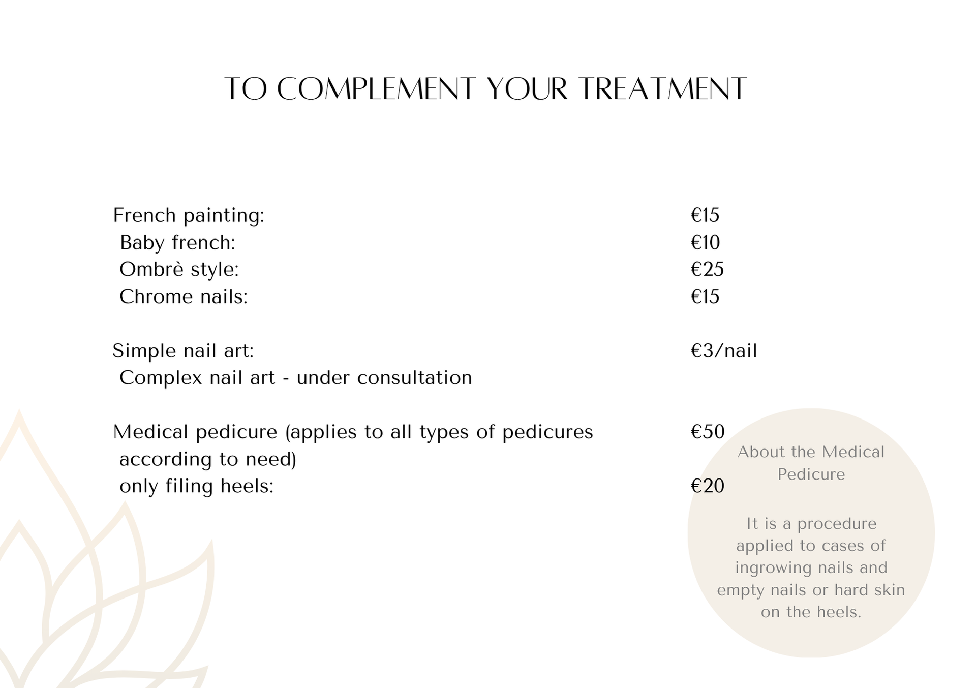 Price list for nail treatments, including French painting, nail art, and medical pedicure.