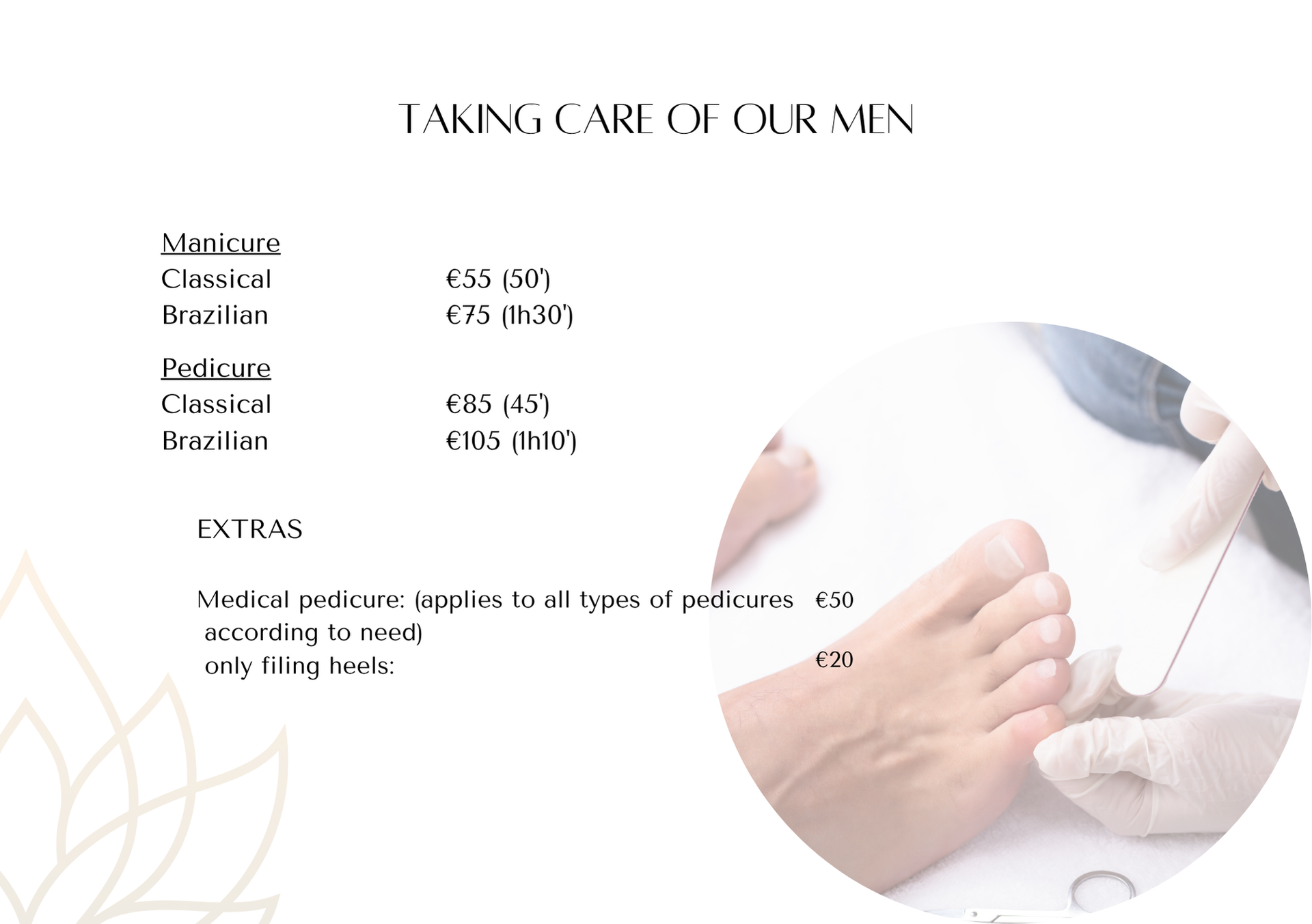 Price list for manicures and pedicures for men, with a foot being treated in the background.