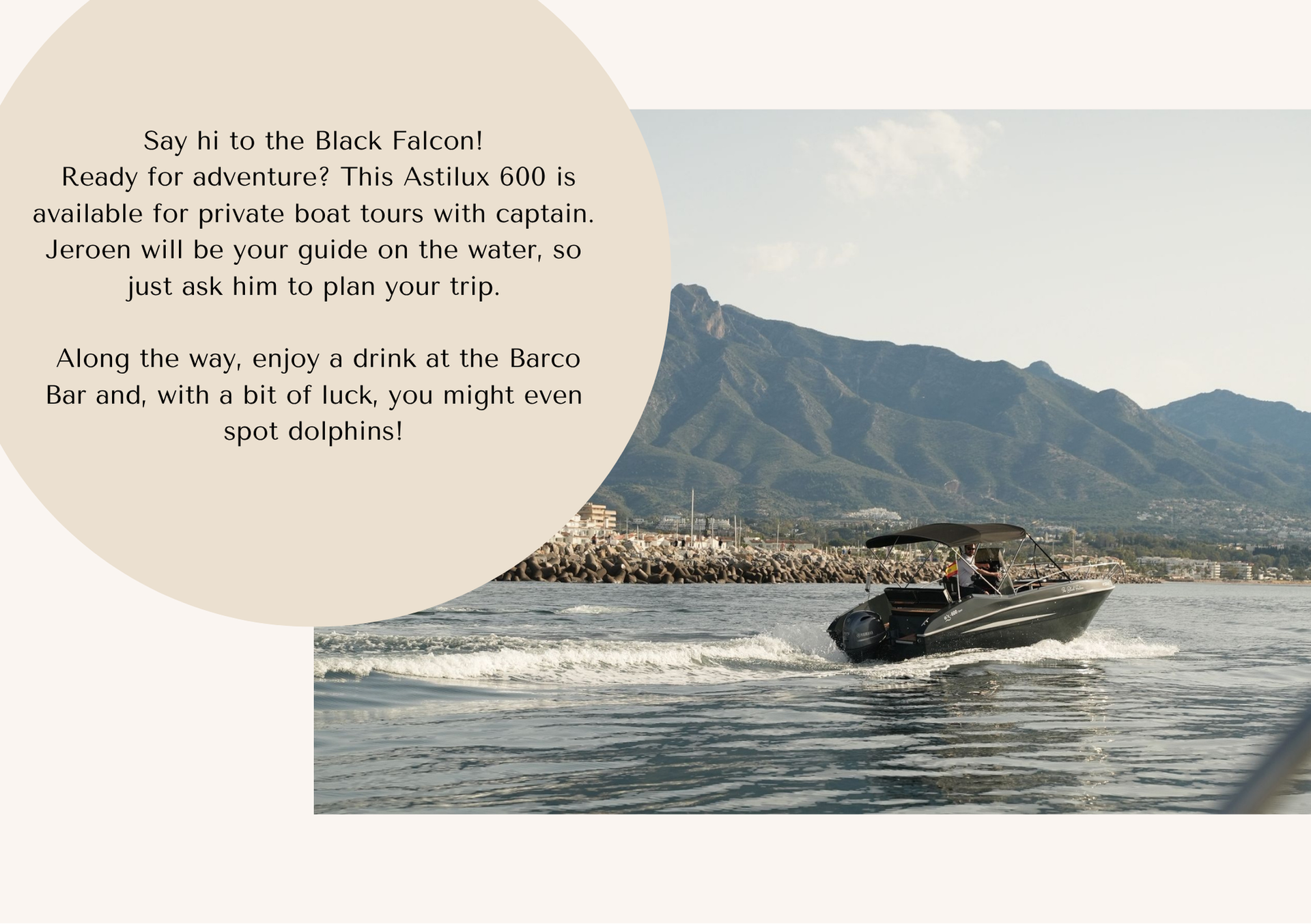 A boat speeding across the water near a mountain range, with text promoting boat tours with a captain.