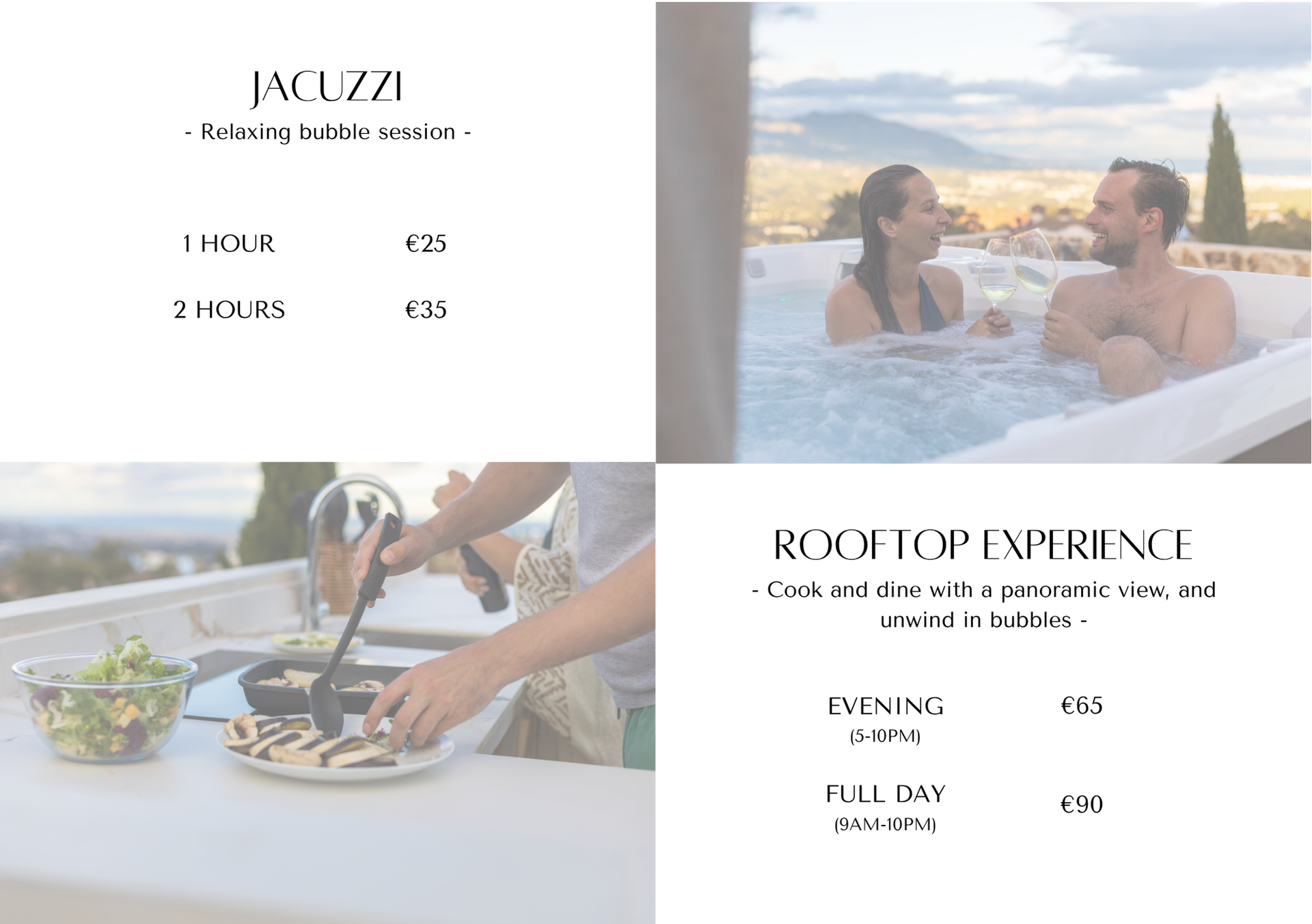 Flyer advertising jacuzzi and rooftop experiences. A couple relaxes in a jacuzzi. A person cooks outdoors.
