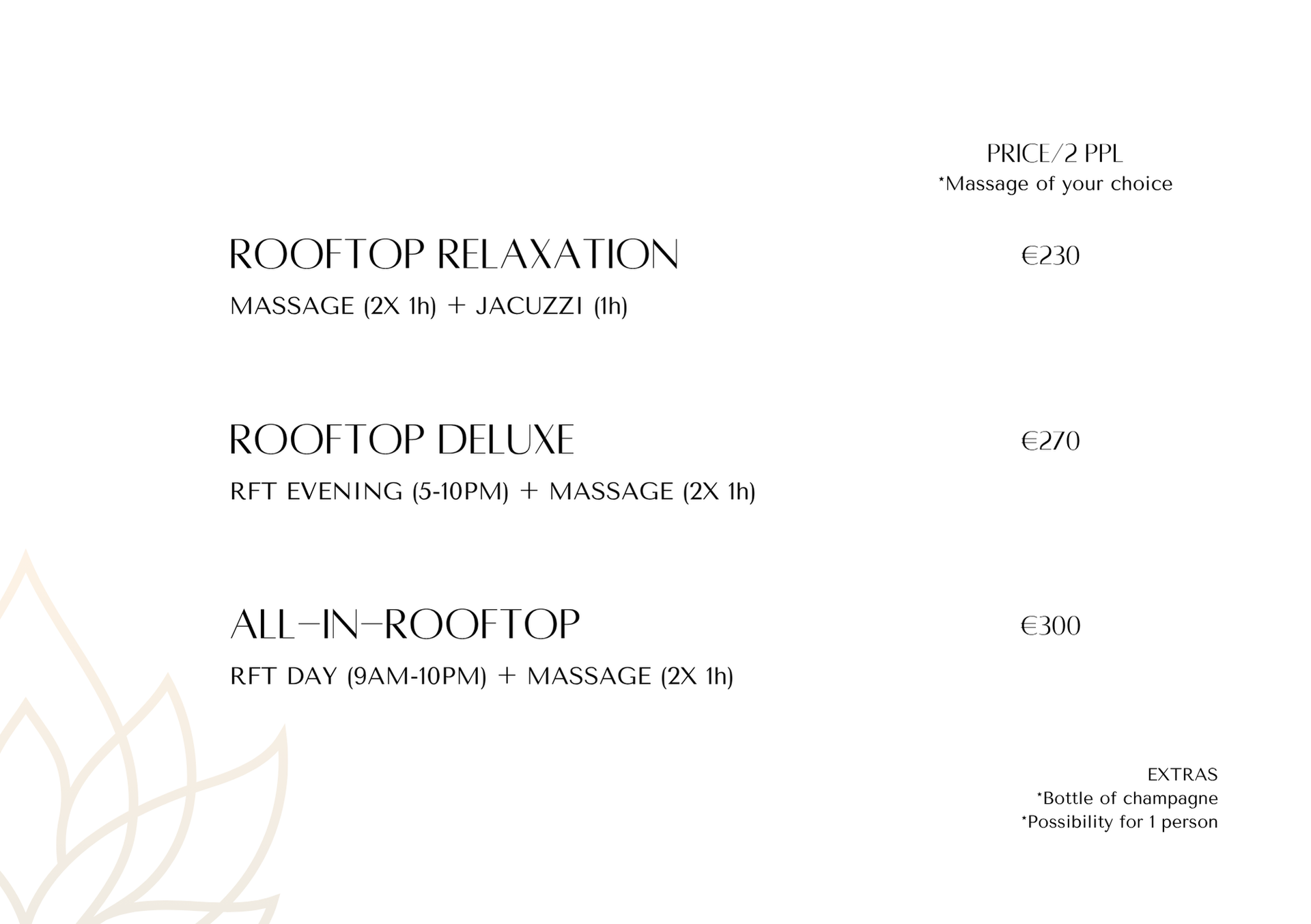 Menu featuring rooftop spa packages: Relaxation, Deluxe, and All-in-Rooftop, with prices listed. A floral design is in the corner.