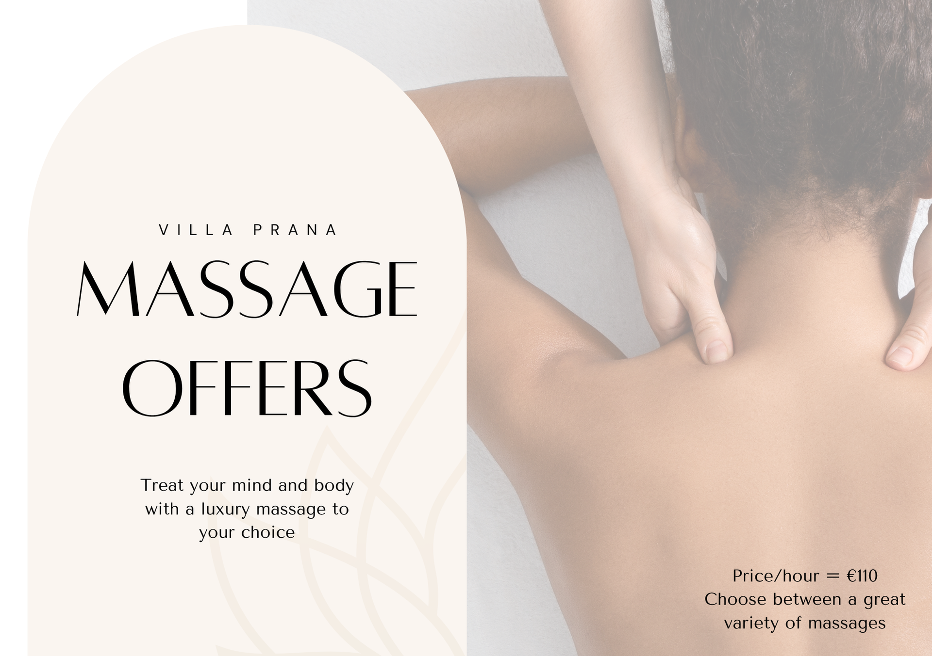 Massage offers from Villa Frank. A person receiving a back massage, beige background with text.