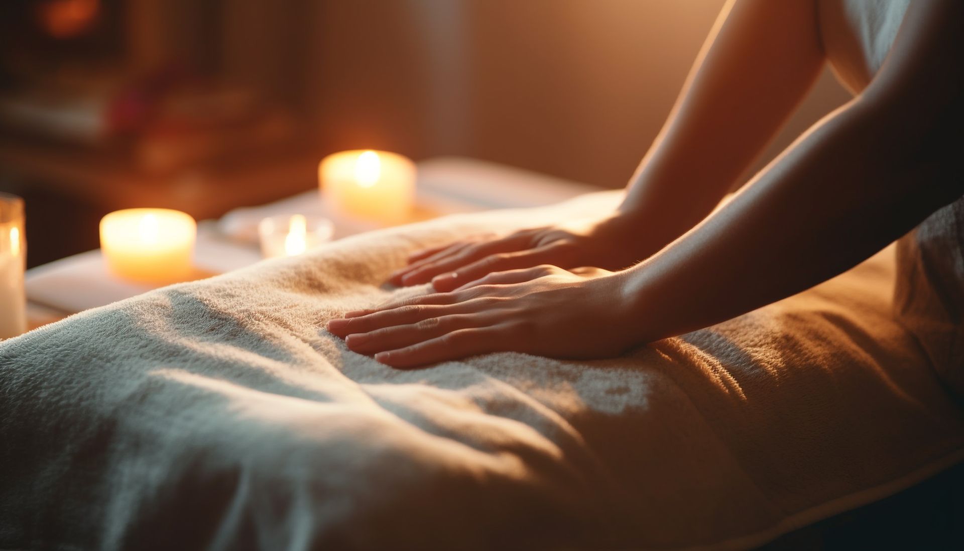 Hands giving a massage on a person's back, lit by soft candlelight in a spa setting.