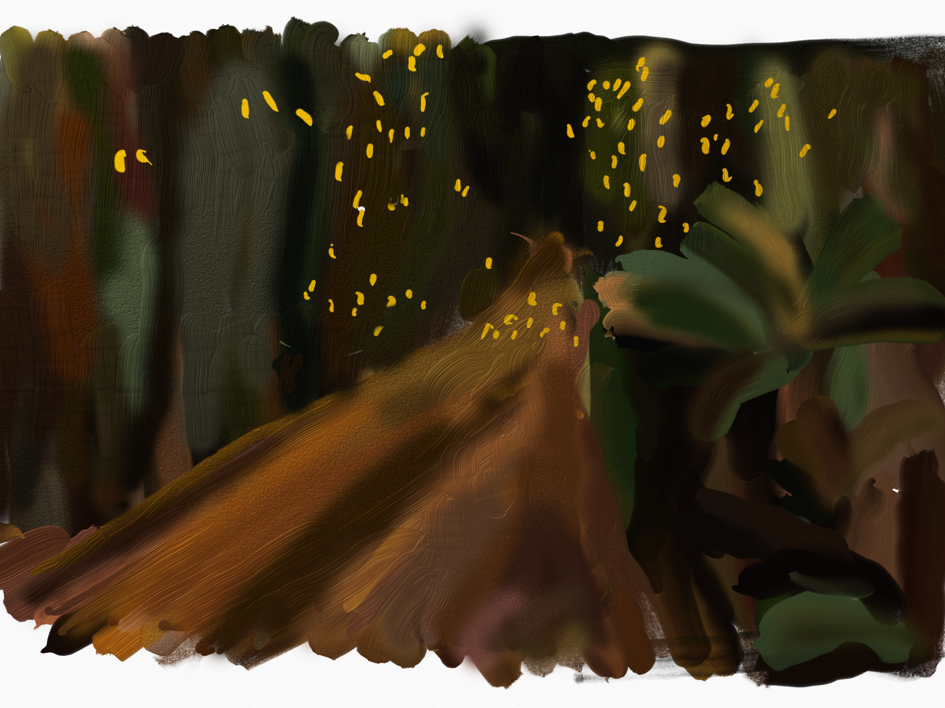 a painting of a forest with trees and leaves