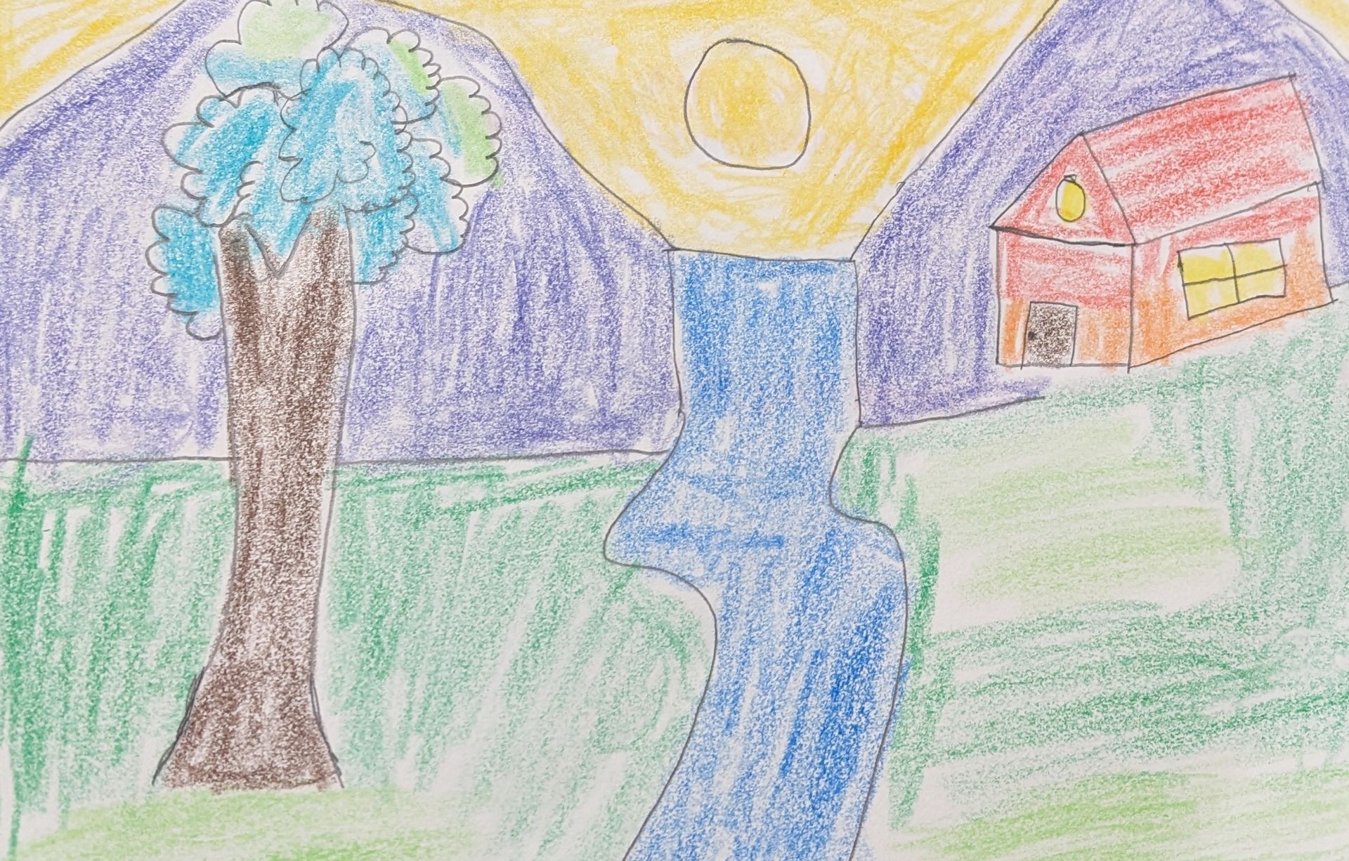 a child 's drawing of a waterfall and a house