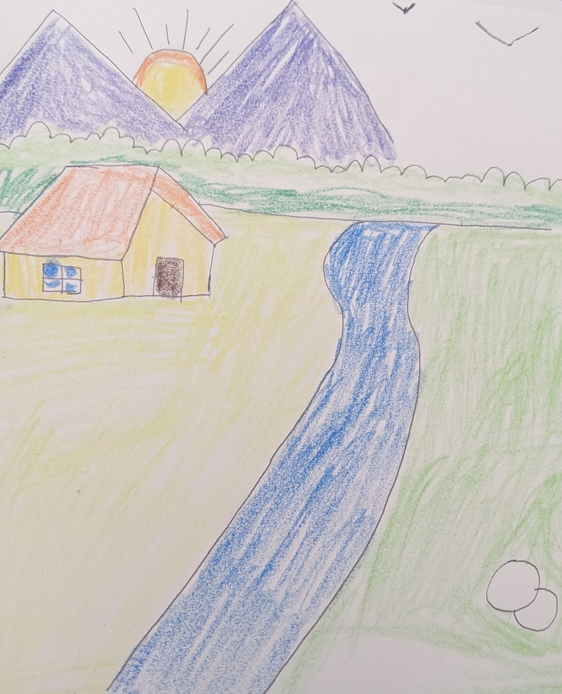 a drawing of a house and a river with mountains in the background