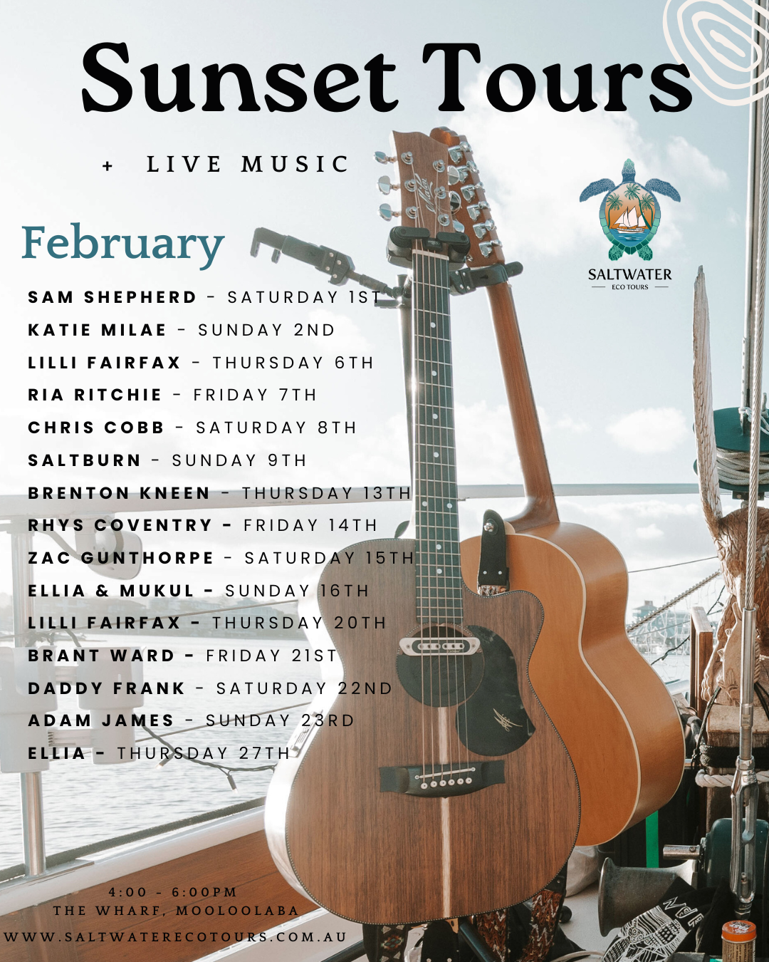 Saltwater Eco Tours, Mooloolaba Sunset Cruise Live Music Artiist Line Up