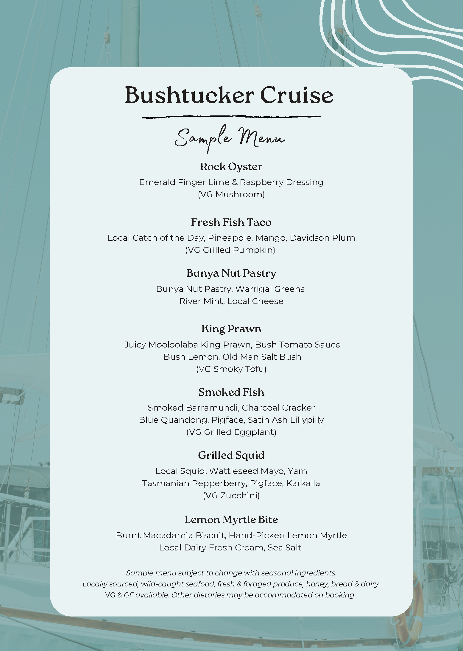 Saltwater Eco Tours, Mooloolaba Cultural Bushtucker Cruise, Native Food Experience Menu