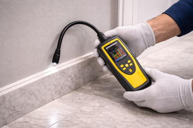 Technician in white gloves using a yellow digital moisture meter with a flexible probe on a marble surface.