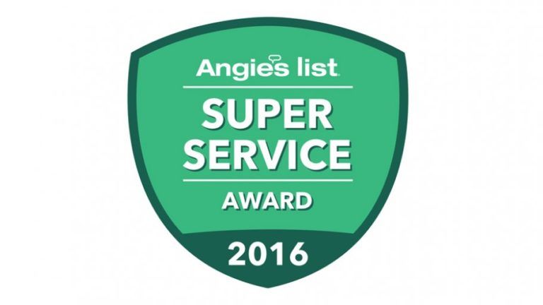A green shield with the words `` angie 's list super service award '' written on it.