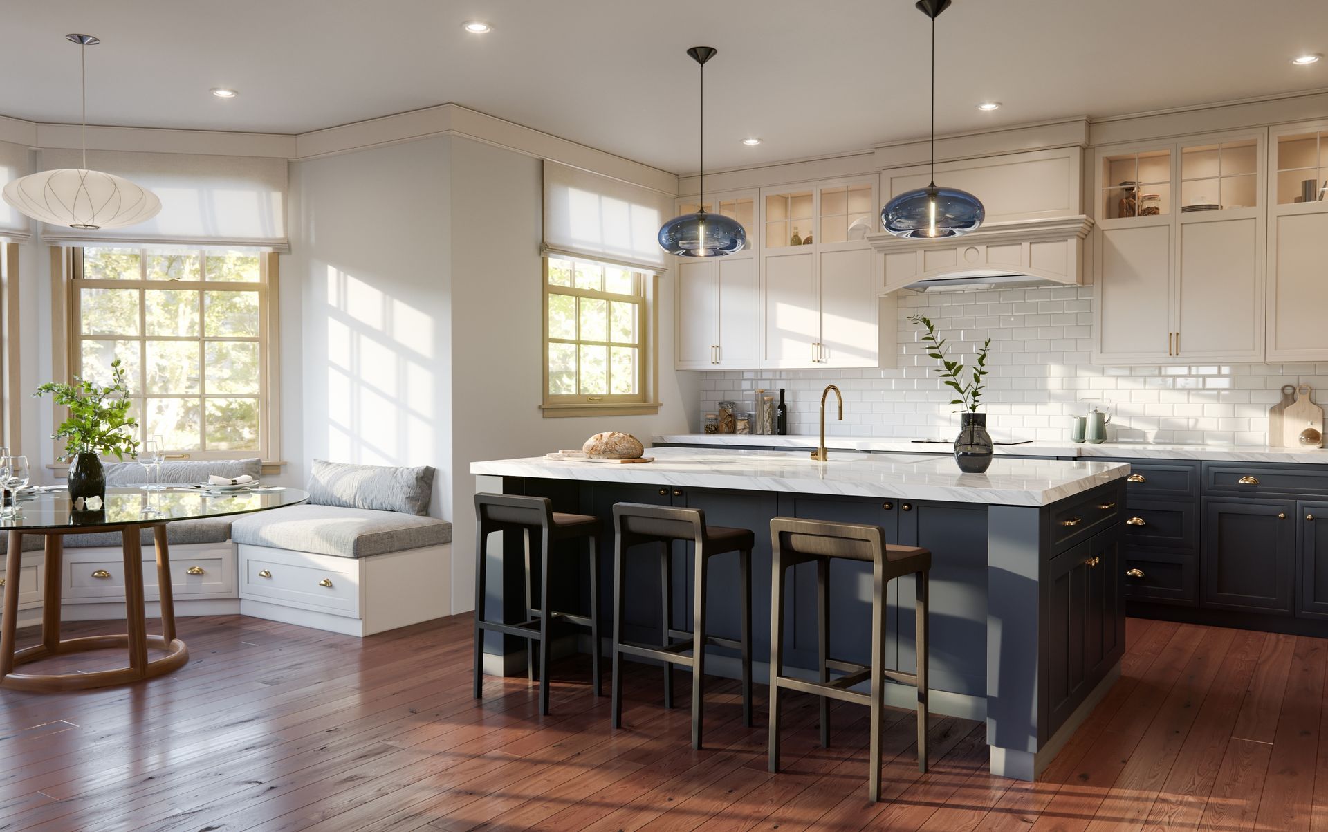 A kitchen with a large island in the middle of the room.