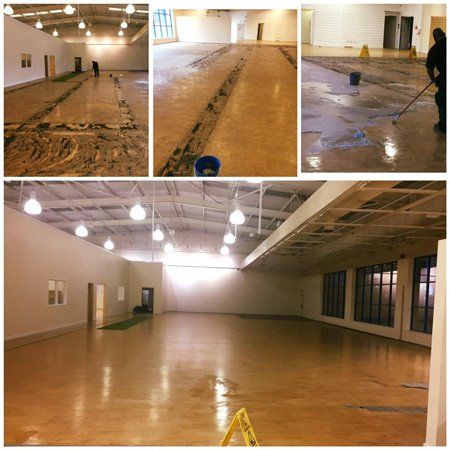 Collage of images showing cleaning of a large open interior space