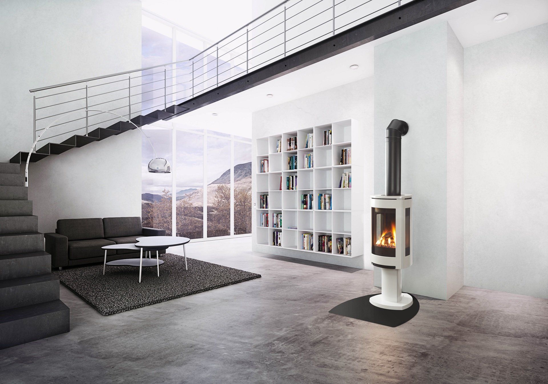 Modern, minimalist living room with a white fireplace, bookshelves, and a floating staircase. Large windows offer a mountain view.