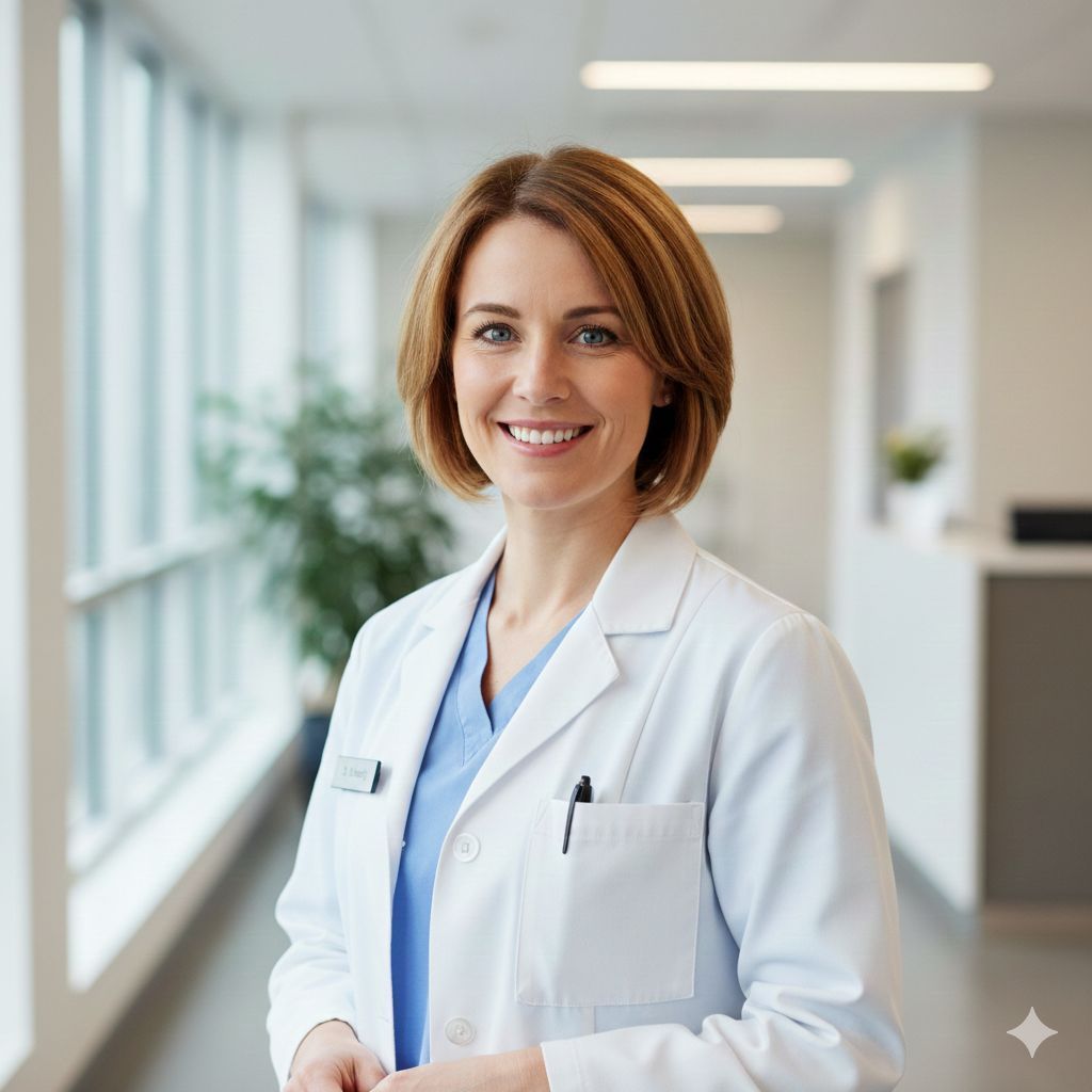 Woman in white lab coat smiles in a hospital hallway.