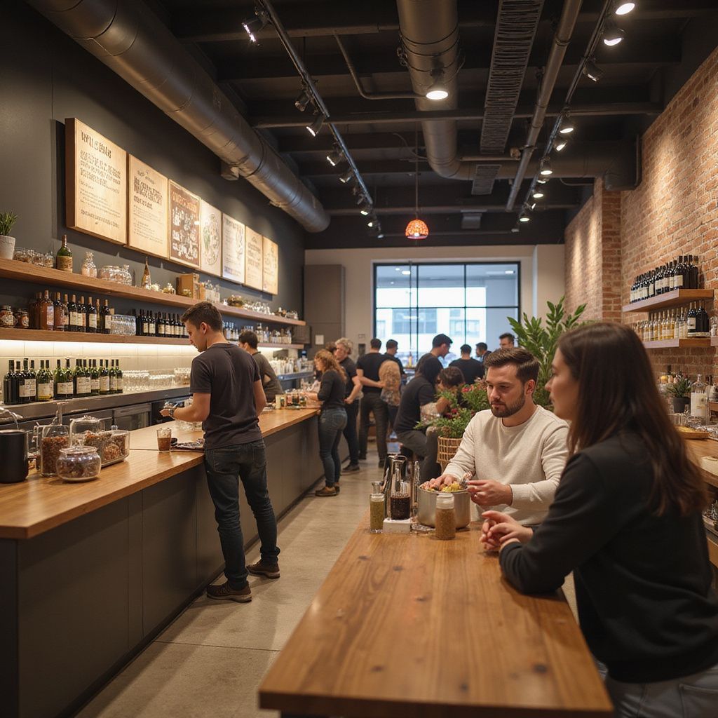 Gente en un café moderno con mesas de madera y paredes de ladrillo.