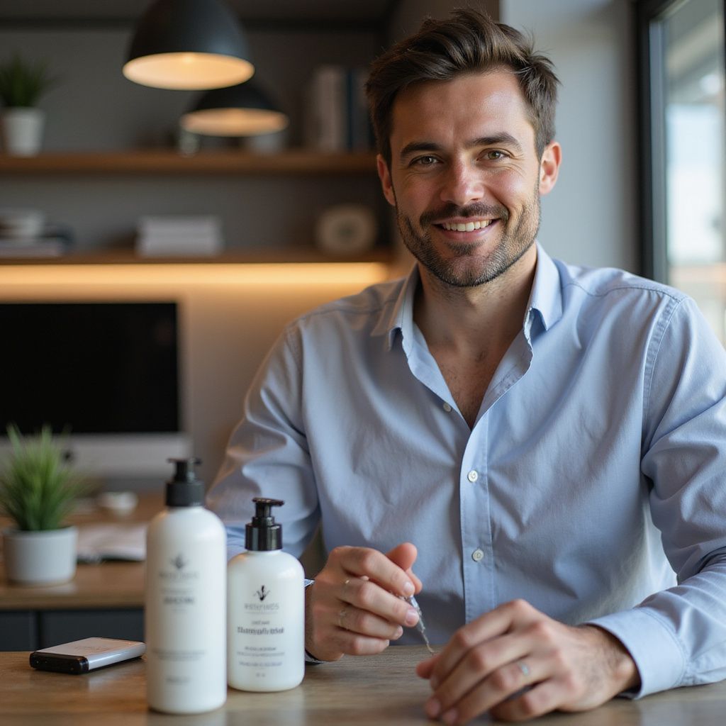 Un hombre con camisa azul sonríe, sentado en un escritorio con dos frascos de loción.
