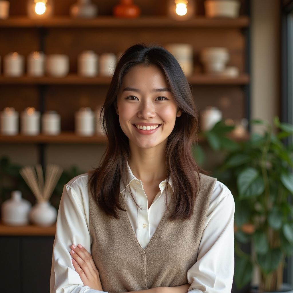 Mujer sonriendo, con los brazos cruzados, delante de una estantería con cerámica.