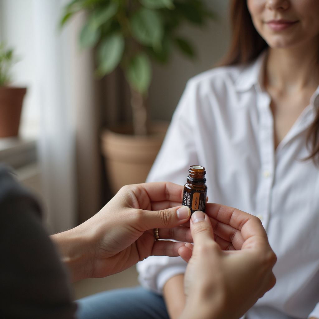 Manos que sostienen un pequeño frasco marrón de perfume, que se ofrece a una persona. Interior con plantas.