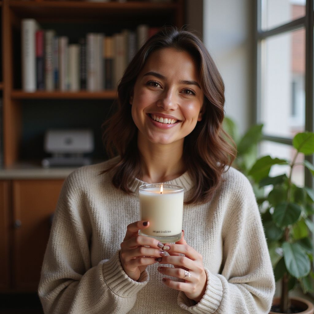 Mujer sonriente, sosteniendo una vela encendida en el interior, cerca de una estantería y una planta.