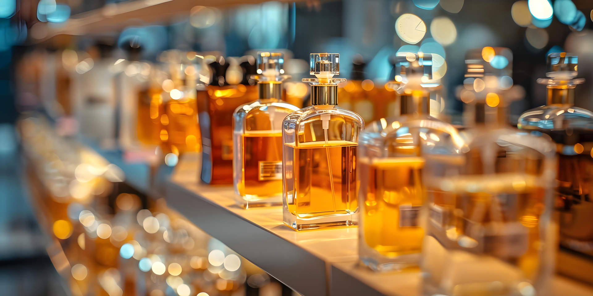 Fila de frascos de perfume color ámbar en un estante, con un fondo de luces desenfocado.