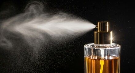 Frasco de perfume rociando bruma; boquilla dorada sobre vidrio transparente, sobre fondo negro.