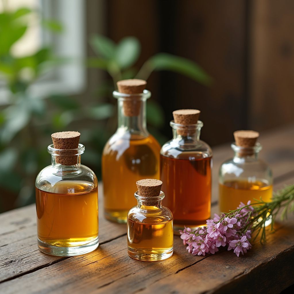 Botellas de vidrio con corcho rellenas de aceites de varios colores sobre una superficie de madera, con flores.