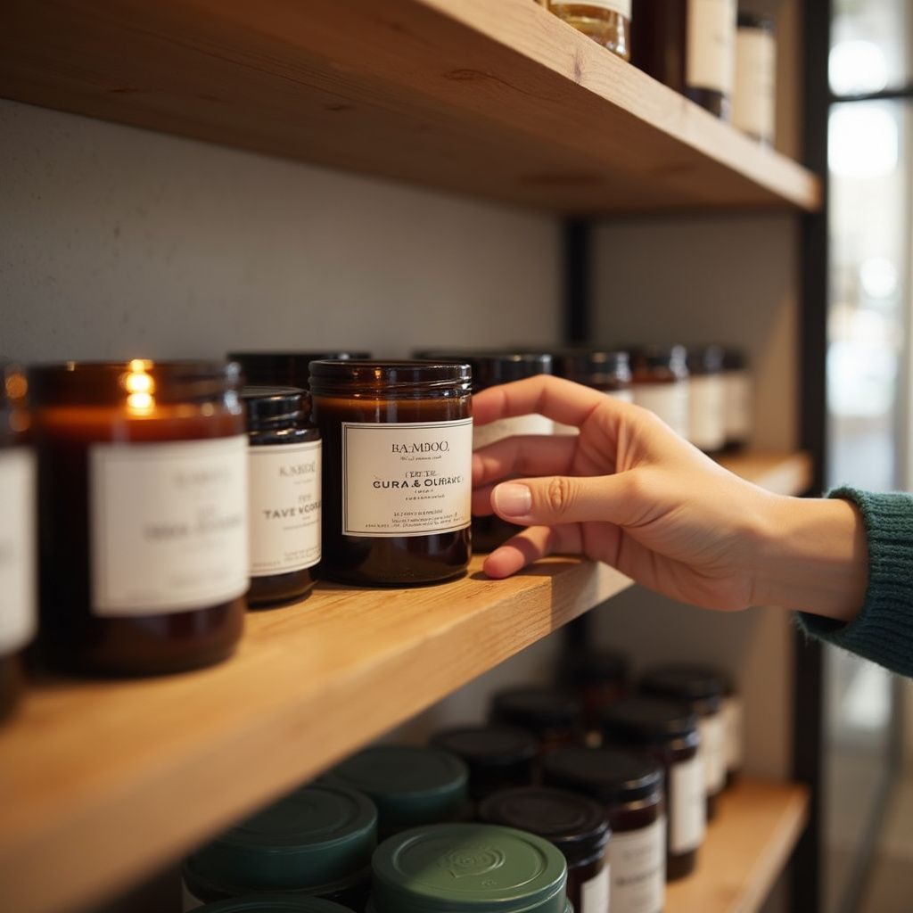 Una mano alcanza una vela en un estante de madera en una tienda; se ven otras velas en frascos.