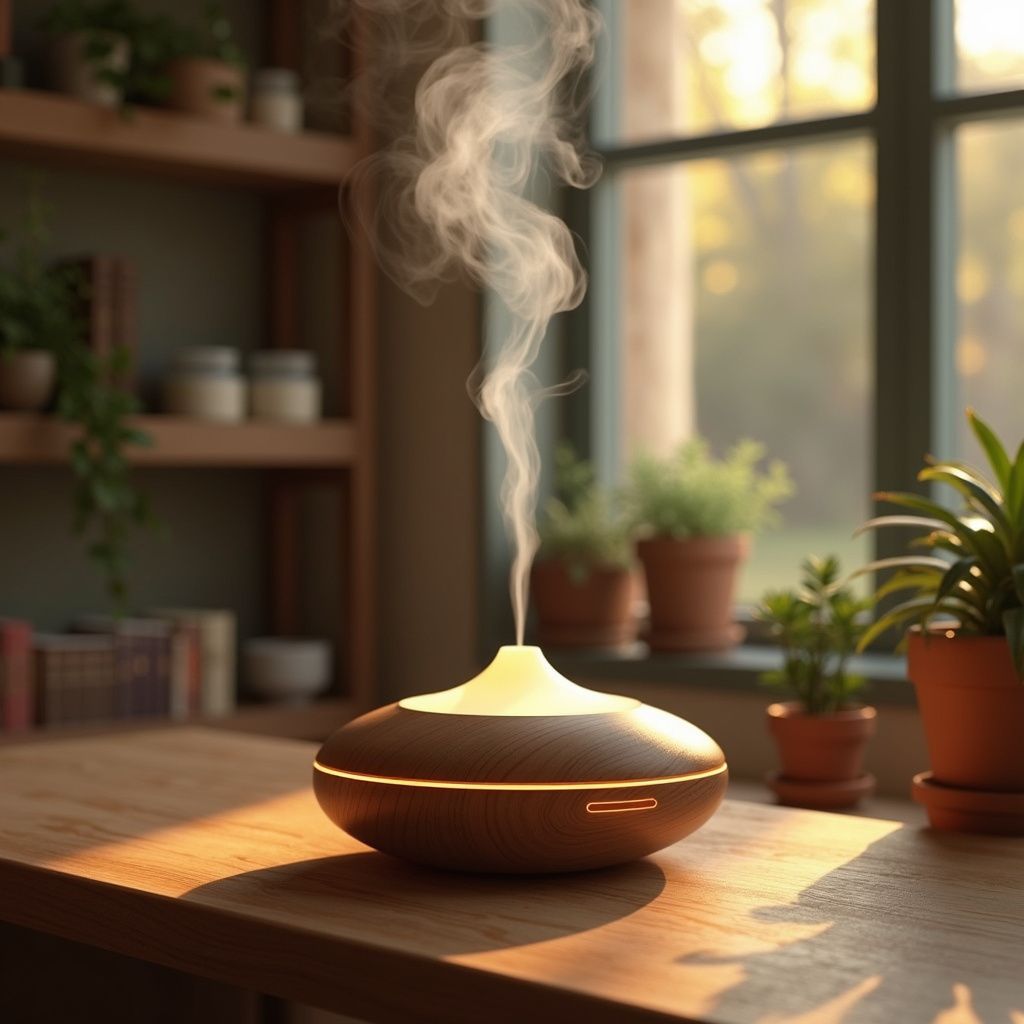 Un difusor de aceites esenciales marrón liberando vapor sobre una mesa de madera, con plantas y luz solar de fondo.