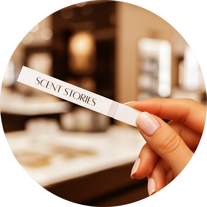 Mujer sosteniendo un frasco de perfume, sentada en un escritorio con una computadora portátil, rodeada de frascos de perfume.