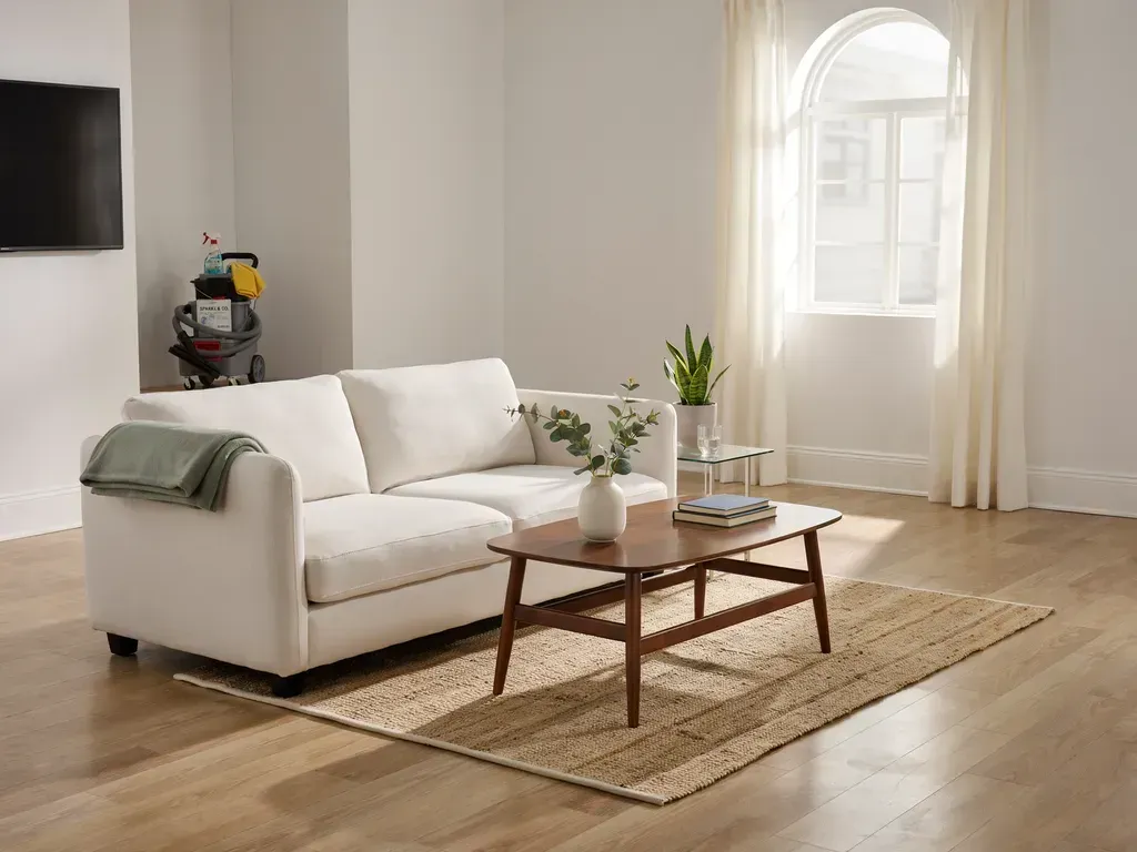 Bright living room with a white sofa, wooden coffee table, rug, and sunlight through a window.