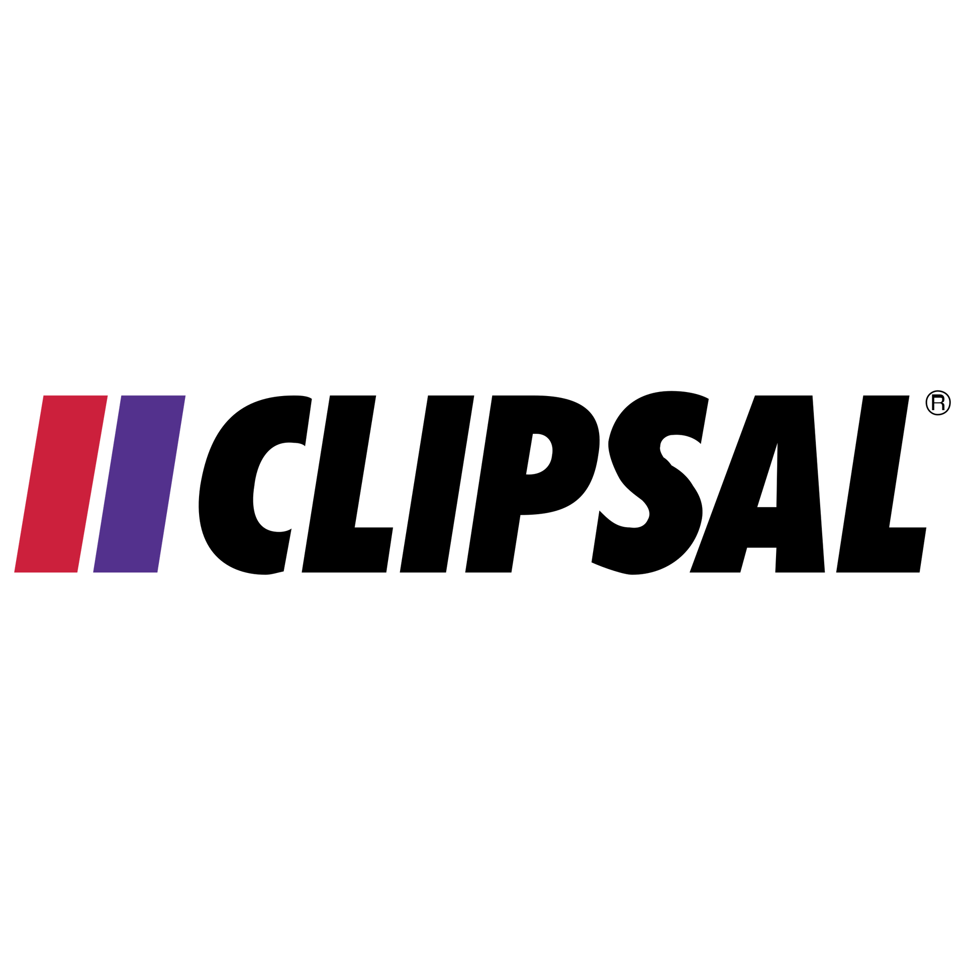 Clipsal logo: black wordmark with red and purple vertical bars.