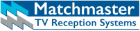 Matchmaster TV Reception Systems logo: Blue and gray zigzags above the text 