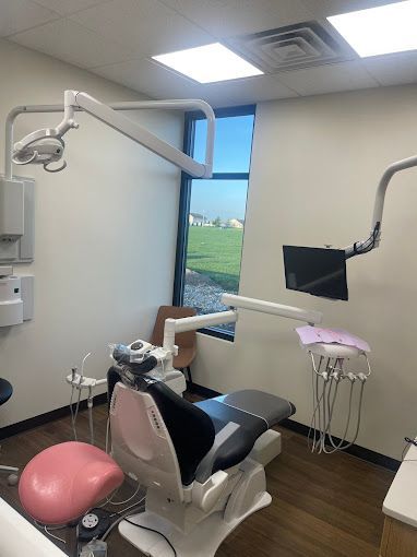 Dental office with chair, lamp, monitor, tools, pink stool, and a window with a green view.