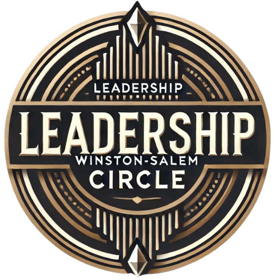 Art deco circular logo for Leadership Winston-Salem Circle, featuring gold and black text on a metallic-styled badge.