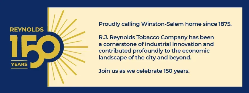 R.J. Reynolds 150-year anniversary graphic featuring a gold number 150 with rays, on a blue and cream background.