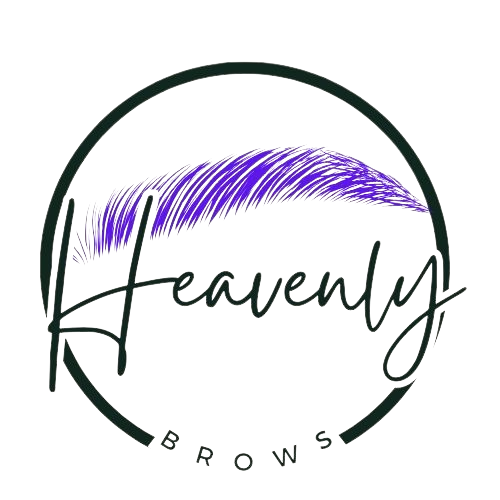 A logo for heavenly brows with a purple eyebrow in a circle.