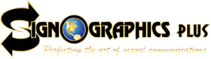 Sign Graphics Plus logo with a globe, arrows, and text, "Perfecting the art of visual communications."