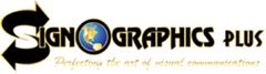 Sign Graphics Plus logo with a globe, arrows, and text, "Perfecting the art of visual communications."