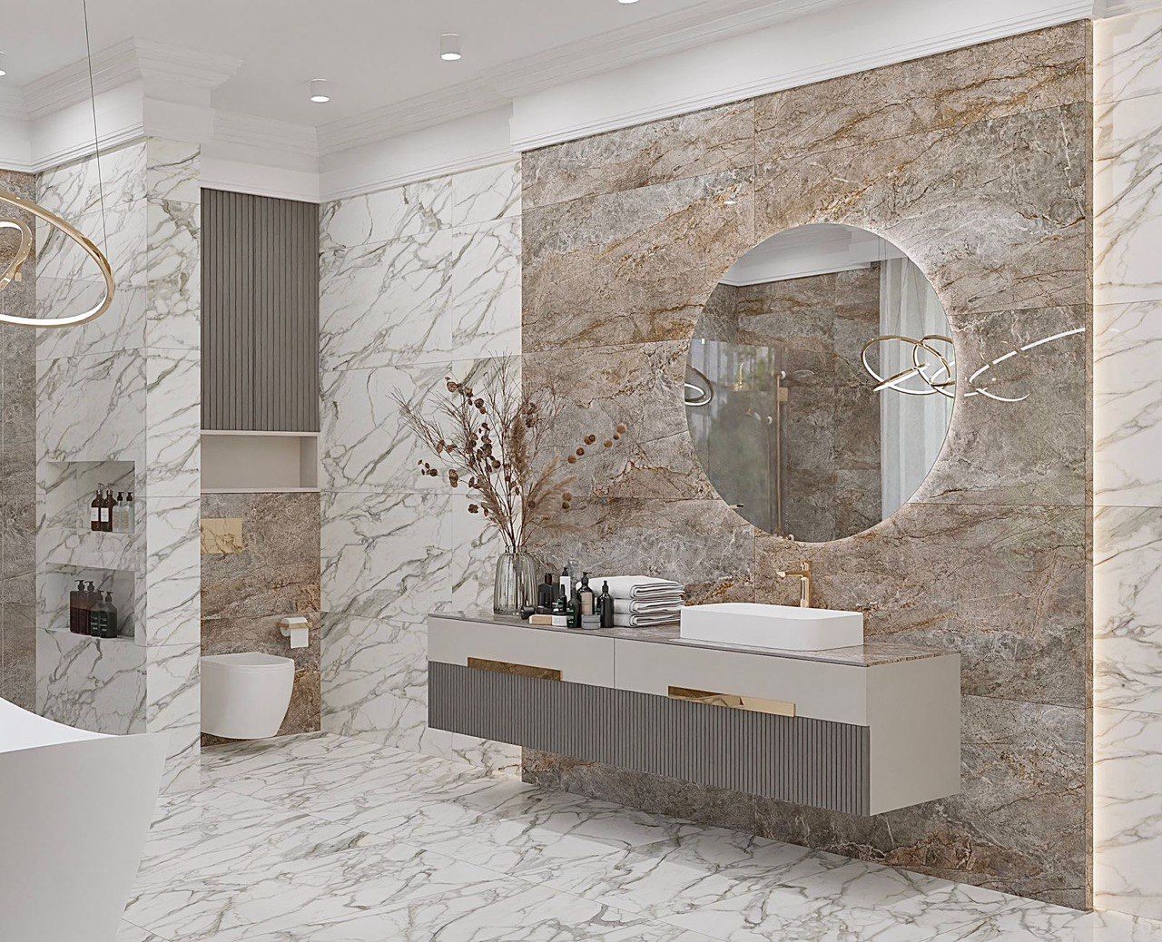 A bathroom with marble walls , a sink , a toilet and a mirror.